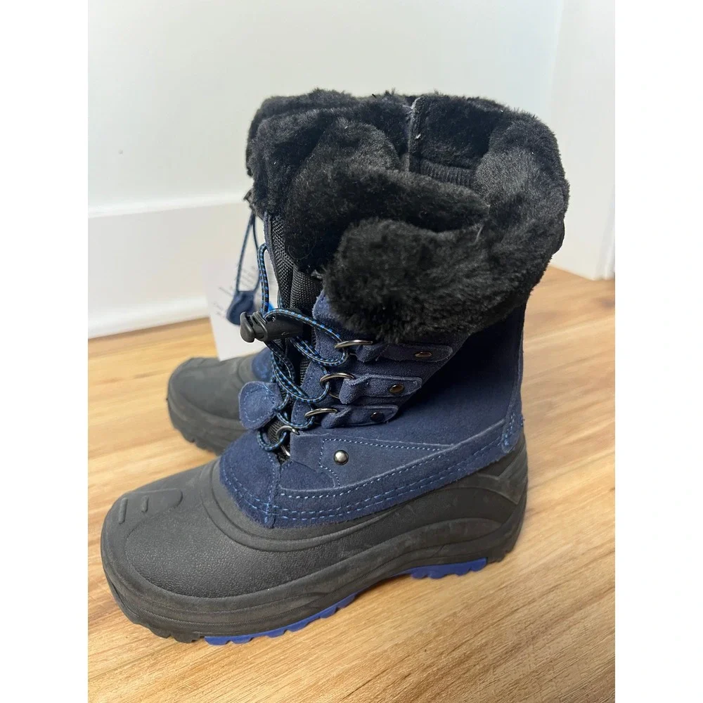 Totes Liam Snow Boots Kids 3 Navy Blue Suede Faux Fur Lined Waterproof Winter